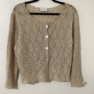 Vintage Y2K Tan Lace Fairycore Cottagecore Feminine Lace Cardigan with Bows 2X